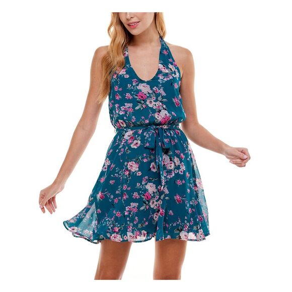 CITY STUDIO Dresses & Skirts - CITY STUDIO Womens Tie Halter Sleeveless Scoop Neck Mini Party Fit + Flare Dress